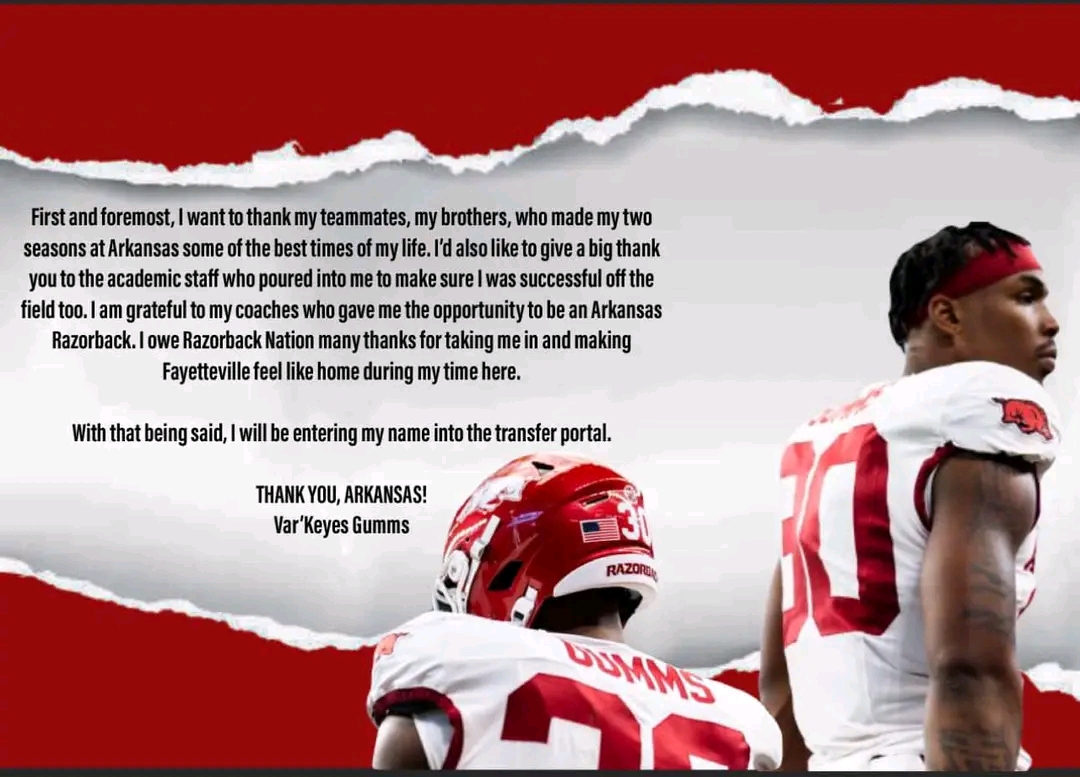 BREAKING: Arkansas Tight End TE-Var’Keyes Gumms Officially Announces His Intentions to Enter the Transfer Portal…